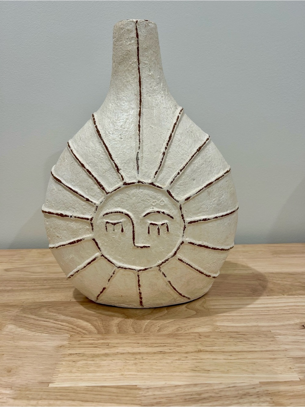 Large Sun Face Decorative Vase White Brown Made in Indonesia 14”